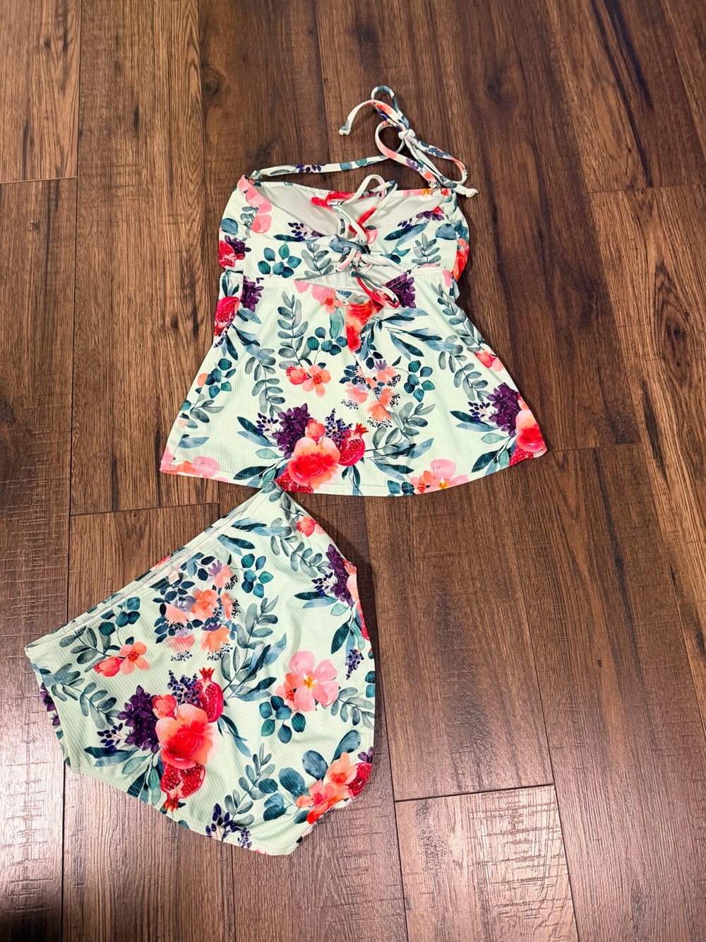 Aqua Floral Mint Green Tankini Set with Coral and Purple Accents - Picture 2 of 2